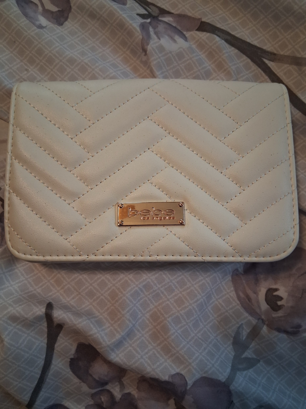 bebe Cream Quilted Crossbody Wallet with Gold Plate